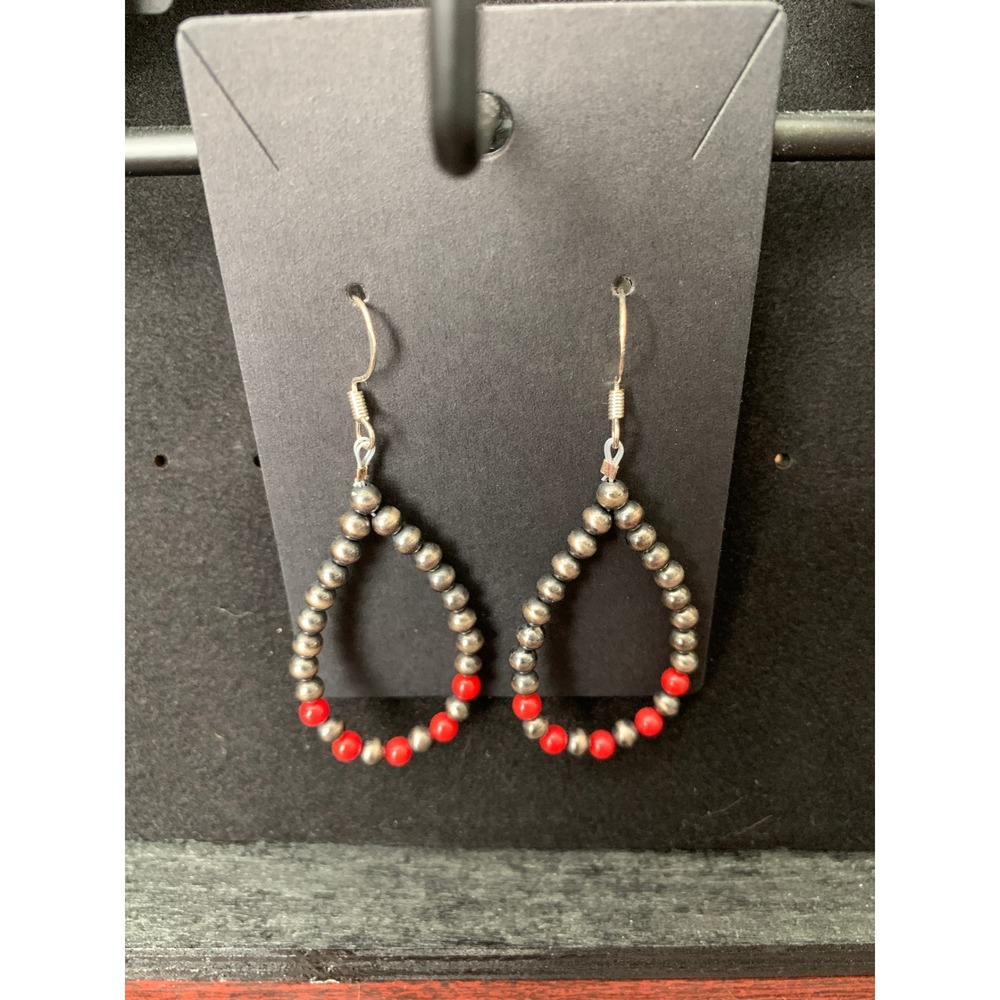 925 Sterling Silver Red Coral Desert Pearl Teardrop Earrings 4mm Southwestern